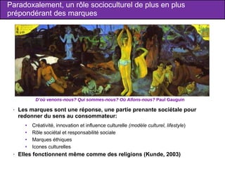 Paradoxalement, un rôle socioculturel de plus en plus prépondérant des marques Les marques sont une réponse, une partie prenante sociétale pour redonner du sens au consommateur: Créativité, innovation et influence culturelle  (modèle culturel, lifestyle ) Rôle sociétal et responsabilité sociale Marques éthiques Icones culturelles Elles fonctionnent même comme des religions (Kunde, 2003) D’où venons-nous? Qui sommes-nous? Où Allons-nous?  Paul Gauguin 
