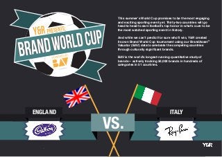 This summer’s World Cup promises to be the most engaging
and exciting sporting event yet. Thirty-two countries will go
head to head to earn football’s top honor in what’s sure to be
the most watched sporting event in history.
And while we can’t predict for sure who’ll win, Y&R created
its own Brand World Cup tournament using our BrandAsset®
Valuator (BAV) data to celebrate the competing countries
through culturally significant brands.
BAV is the world’s longest-running quantitative study of
brands— actively tracking 50,000 brands in hundreds of
categories in 51 countries.
VS.
ENGLAND ITALY
 