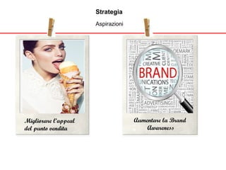 Strategia
Aspirazioni
Migliorare l’appeal
del punto vendita
Aumentare la Brand
Awareness
 