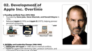02. Development of
Apple Inc. Overtime
1. Founding and Early Years (1976-1984)
• Founded by Steve Jobs, Steve Wozniak, and Ronald Wayne in
1976.
• Released Apple I (1976) and Apple II (1977), helping pioneer
personal computing.
• Launched Macintosh in 1984, notable for its graphical user
interface (GUI).
2. Struggles and Leadership Changes (1985-1996)
• Steve Jobs left Apple in 1985 due to internal conflicts.
• Apple struggled with declining sales, product confusion, and
Apple I Apple II Macintosh 1984
 