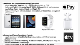 5. Expansion into Ecosystem and Services (2011-2020)
• After Steve Jobs’ death in 2011, Tim Cook took over as CEO.
• Released iPad (2010), Apple Watch (2015), AirPods (2016), and expanded
Apple Pay, Apple Music, iCloud, and Apple TV+.
• Focused heavily on privacy, design innovation, and seamless ecosystem
integration.
6. Present and Future Focus (2021-Present)
• Apple continues to lead in hardware innovation with M-series chips
(Apple Silicon).
• Strong focus on sustainability, AI advancements, AR/VR (Vision Pro), and
health and fitness technology.
• Apple remains one of the most valuable companies in the world.
iPad 2010
Apple watch 2015 Air pods 2016
 