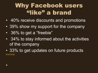Why Facebook users
                “like” a brand
• 40% receive discounts and promotions
• 39% show my support for the company
• 36% to get a “freebie”
• 34% to stay informed about the activities
  of the company
• 33% to get updates on future products
ExactTarget




•
 