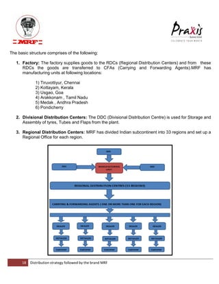 18 Distribution strategy followed by the brand MRF 
The basic structure comprises of the following: 
1. Factory: The factory supplies goods to the RDCs (Regional Distribution Centers) and from these RDCs the goods are transferred to CFAs (Carrying and Forwarding Agents).MRF has manufacturing units at following locations: 
1) Tiruvottiyur, Chennai 2) Kottayam, Kerala 3) Usgao, Goa 4) Arakkonam , Tamil Nadu 5) Medak , Andhra Pradesh 6) Pondicherry 
2. Divisional Distribution Centers: The DDC (Divisional Distribution Centre) is used for Storage and Assembly of tyres, Tubes and Flaps from the plant. 
3. Regional Distribution Centers: MRF has divided Indian subcontinent into 33 regions and set up a Regional Office for each region. 
 