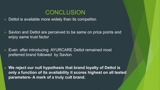 CONCLUSION
 Dettol is available more widely than its competitor.
 Savlon and Dettol are perceived to be same on price points and
enjoy same trust factor
 Even after introducing AYURCARE Dettol remained most
preferred brand followed by Savlon
 We reject our null hypothesis that brand loyalty of Dettol is
only a function of its availability it scores highest on all tested
parameters- A mark of a truly cult brand.
 