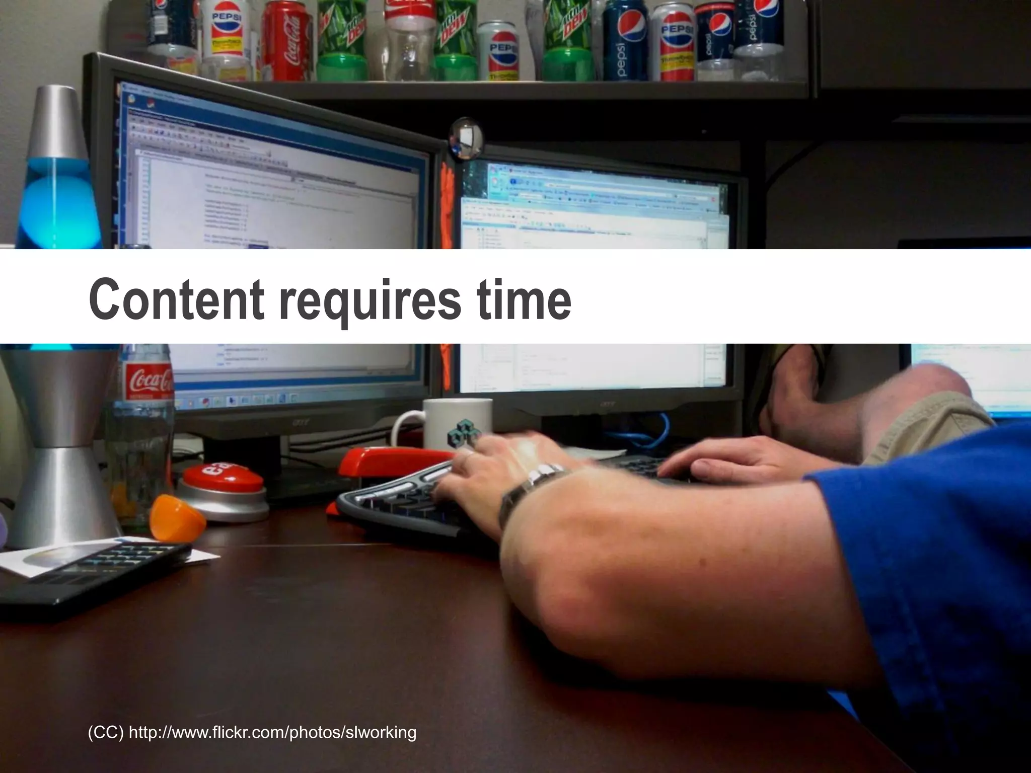 @mbloomstein | #ConfabINT 3
© 2015
Because we all want the same thing,
but content keeps getting in the way.
(CC) http://www.flickr.com/photos/slworking
Content requires time
 