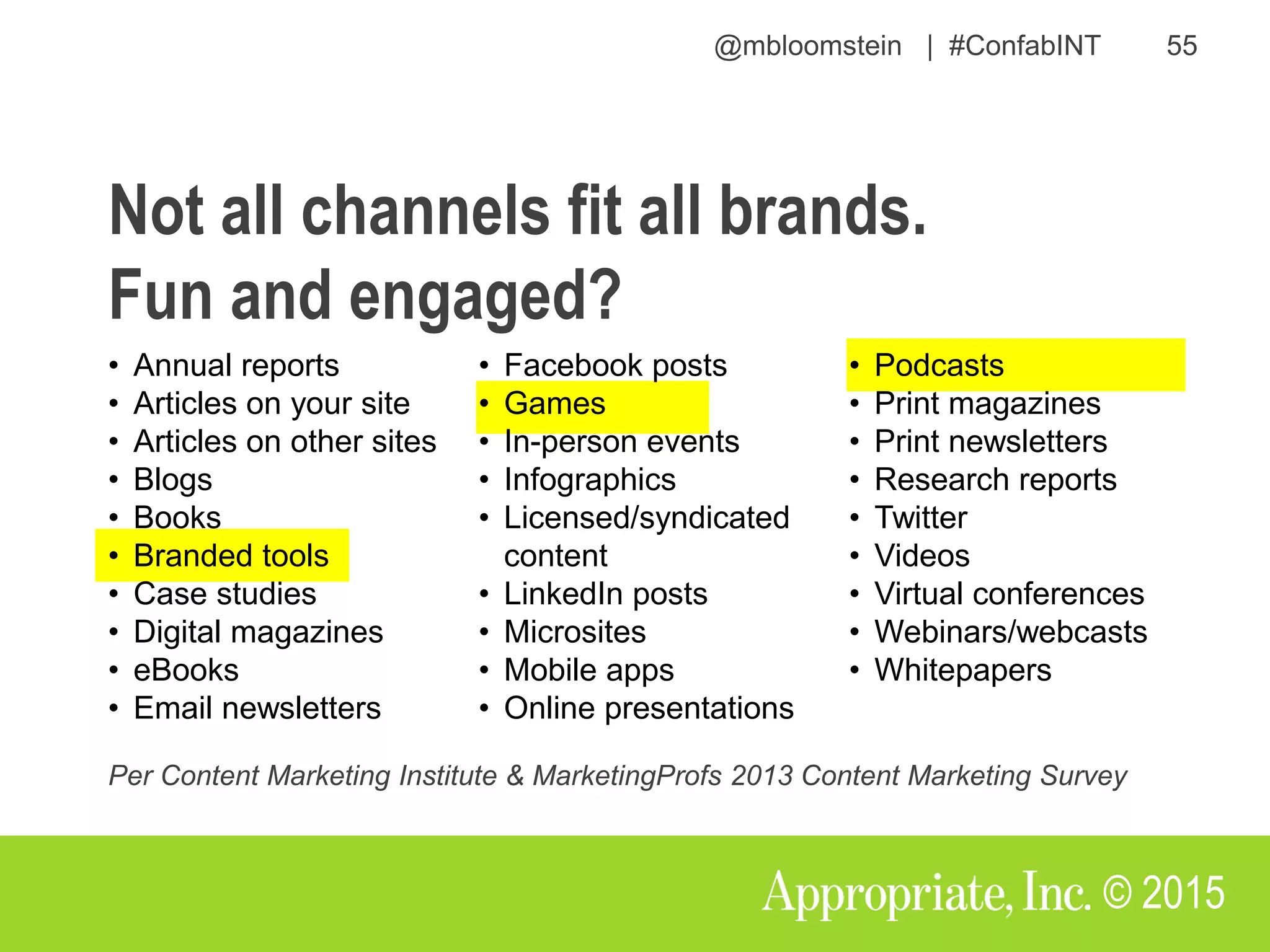@mbloomstein | #ConfabINT 55
© 2015
Not all channels fit all brands.
Fun and engaged?
• Annual reports
• Articles on your site
• Articles on other sites
• Blogs
• Books
• Branded tools
• Case studies
• Digital magazines
• eBooks
• Email newsletters
• Facebook posts
• Games
• In-person events
• Infographics
• Licensed/syndicated
content
• LinkedIn posts
• Microsites
• Mobile apps
• Online presentations
• Podcasts
• Print magazines
• Print newsletters
• Research reports
• Twitter
• Videos
• Virtual conferences
• Webinars/webcasts
• Whitepapers
Per Content Marketing Institute & MarketingProfs 2013 Content Marketing Survey
 