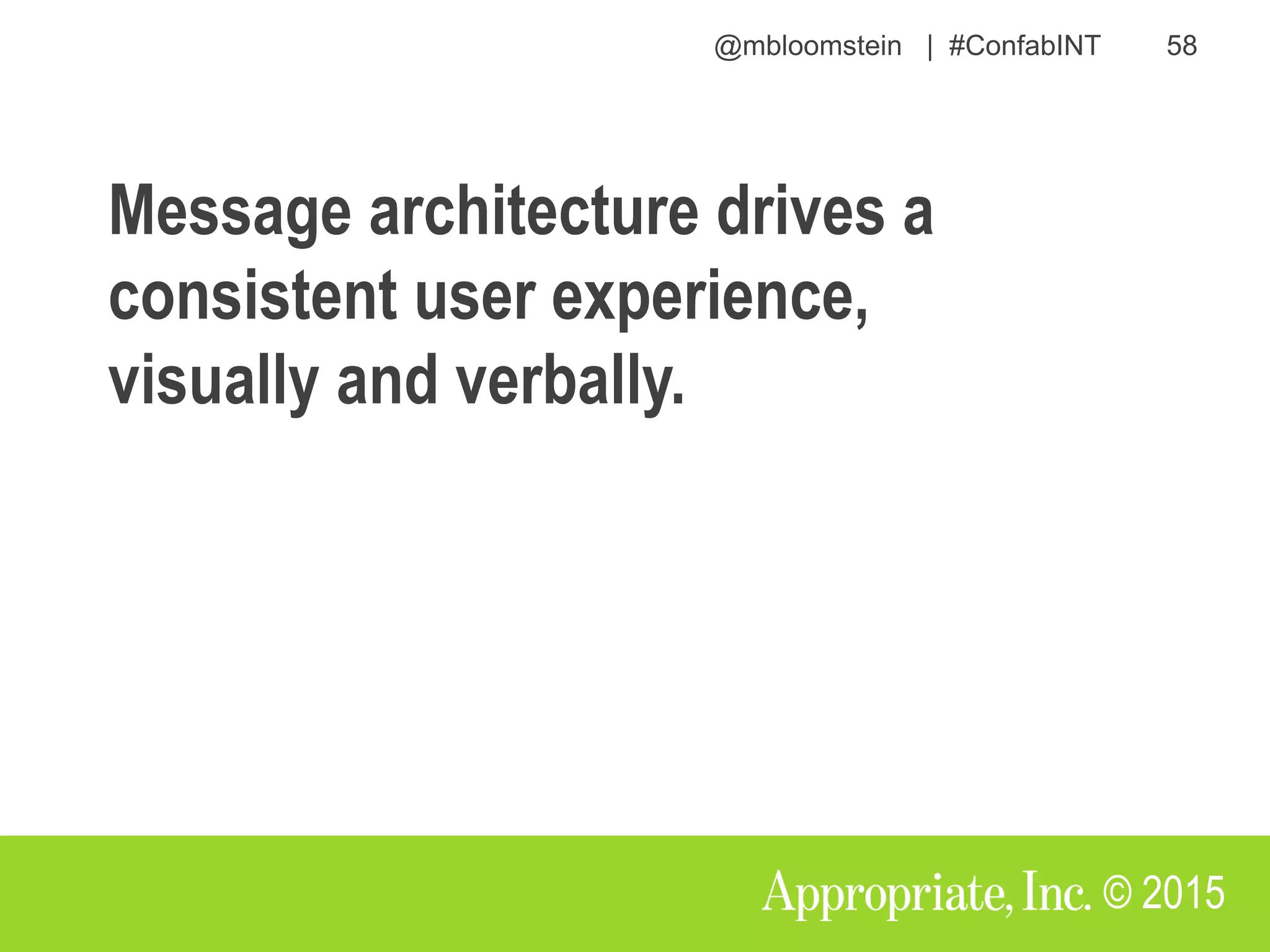 @mbloomstein | #ConfabINT 58
© 2015
Message architecture drives a
consistent user experience,
visually and verbally.
 