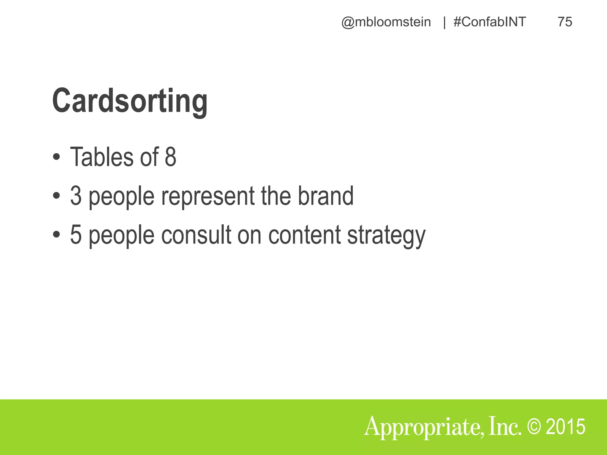 @mbloomstein | #ConfabINT 75
© 2015
Cardsorting
• Tables of 8
• 3 people represent the brand
• 5 people consult on content strategy
 