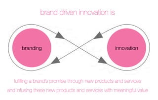 brand driven innovation is



      branding
                                    innovation 




   fulﬁlling a brand’s promise through new products and services
and infusing these new products and services with meaningful value
 