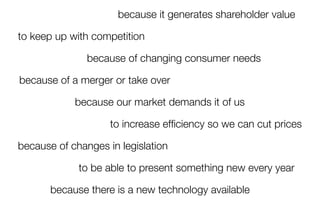 because it generates shareholder value

to keep up with competition

               because of changing consumer needs

be...
