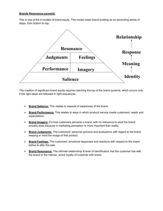 Brands Resonance pyramid:

This is one of the 4 models of brand equity. This model views brand building as an ascending series of
steps, from bottom to top:




The creation of significant brand equity requires reaching the top of the brand pyramid, which occurs only
if the right steps are followed in right sequences.



       Brand Salience: This relates to aspects of awareness of the brand.

       Brand Performance: This relates to ways in which product/ service meets customers’ needs and
        expectations.

       Brand Imagery: It’s how customers perceive a brand, with no relevance to what the brand
        actually does because in marketing perception is more important than reality.

       Brand Judgments: The customers’ personal opinions and evaluations with regard to the brand
        keeping in mind the image of that product.

       Brand Feelings: The customers’ emotional responses and reactions with respect to the brand
        before & after the sale.

       Brand Resonance: The ultimate relationship & level of identification that the customer has with
        the brand or the intense, active loyalty of customer with brand.
 