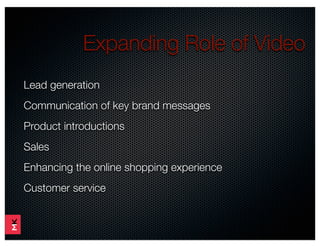 Expanding Role of Video
Lead generation
Communication of key brand messages
Product introductions
Sales
Enhancing the online shopping experience
Customer service
 