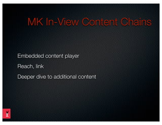 MK In-View Content Chains


Embedded content player
Reach, link
Deeper dive to additional content
 