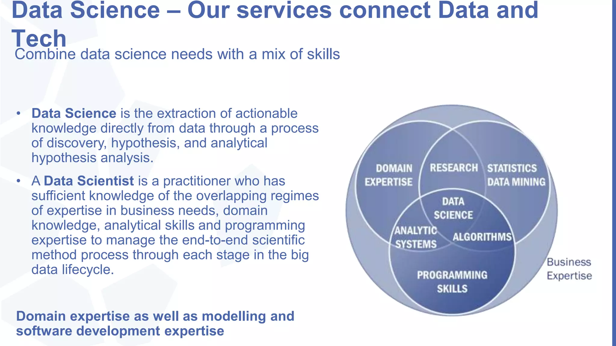 Data Science – Our services connect Data and
Tech
• Data Science is the extraction of actionable
knowledge directly from data through a process
of discovery, hypothesis, and analytical
hypothesis analysis.
• A Data Scientist is a practitioner who has
sufficient knowledge of the overlapping regimes
of expertise in business needs, domain
knowledge, analytical skills and programming
expertise to manage the end-to-end scientific
method process through each stage in the big
data lifecycle.
Domain expertise as well as modelling and
software development expertise
Combine data science needs with a mix of skills
 