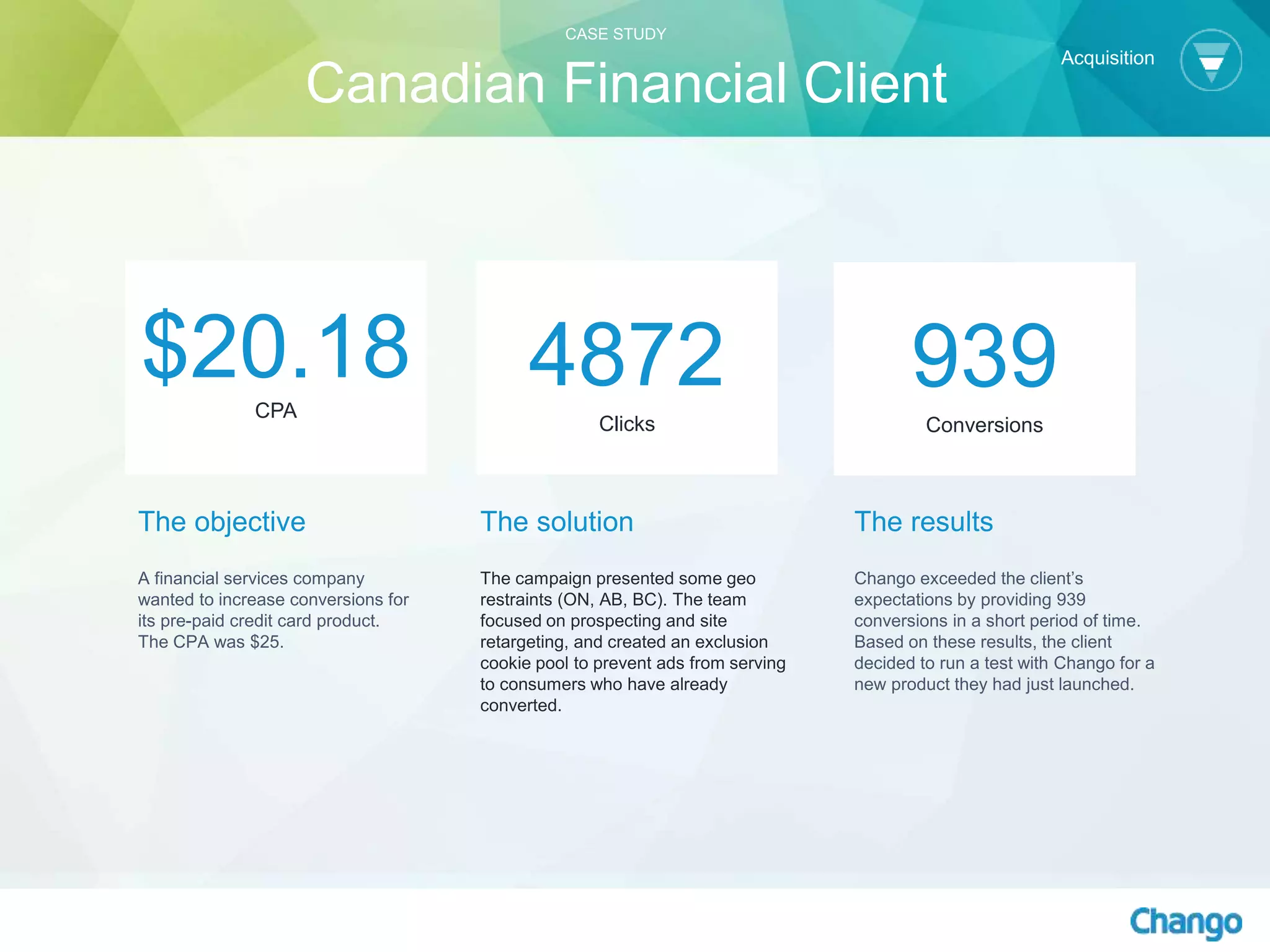 The objective
A financial services company
wanted to increase conversions for
its pre-paid credit card product.
The CPA was $25.
The solution
The campaign presented some geo
restraints (ON, AB, BC). The team
focused on prospecting and site
retargeting, and created an exclusion
cookie pool to prevent ads from serving
to consumers who have already
converted.
4872
Clicks
The results
Chango exceeded the client’s
expectations by providing 939
conversions in a short period of time.
Based on these results, the client
decided to run a test with Chango for a
new product they had just launched.
$20.18CPA
939
Conversions
CASE STUDY
Canadian Financial Client
Acquisition
 