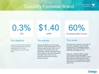 The objective
A niche footwear brand wanted to
build brand awareness and drive
qualified traffic to its site –
specifically to the store locator
page.
The solution
Chango developed a multi-pronged
approach using multiple tactics across
various media formats. With a mix of
acquisition and programmatic site
retargeting, Chango maximized media
buys in banners, Facebook Newsfeed
and Right-Hand Side to access,
influence and activate the client’s
desired audience.
$1.40eCPM
The results
The client met or beat its CTR target for
all active campaigns, with Chango’s
programmatic site retargeting display
campaign achieving a CTR of 0.3%, or
200% above the goal of 0.1%.
Moreover, Chango’s ability to target
niche audiences at scale yielded a
highly efficient media investment, where
the majority of conversions occurred
within 24 hours and required 2 or fewer
impressions at a fraction of the client’s
typical cost.
60%Conversions within 24 hours
Branding &
Acquisition
CASE STUDY
Specialty Footwear Brand
0.3%CTR
 