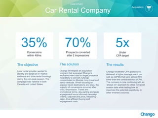 The objective
A car rental provider wanted to
identify and target an in-market
audience and drive rental bookings
during the non-peak season. The
campaign was national in both
Canada and United States.
The solution
Chango developed an acquisition
program that leveraged Chango’s
exclusive intent data to target prospects
most likely to convert. Chango
concentrated on lifestyle, long travel and
family verticals. When focusing on
popular travel destinations and sites, the
majority of conversions occurred after
only 2 impression. Travel and
promotional terms, day-parting and peak
engagement hours informed campaign
criteria, (adjusted bid price, frequency
caps) drive efficient buying and
engagement costs.
70%Prospects converted
after 2 impressions
The results
Chango exceeded CPA goals by 5x;
delivered a higher average reach, as
well as eCPMs that were almost 15%
lower than the contracted max dCPM.
The company is now continuing with an
‘always on’ approach to utilize non-peak
season data while testing how to
maximize the potential opportunity in
other inventory sources.
35%Conversions
within 48hrs
5xUnder
CPA target
CASE STUDY
Car Rental Company
Acquisition
 