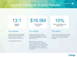 The objective
A leading industrial supply retailer
wanted to target prospective B2B
buyers who are in market for
industrial products and services.
The targeted ROAS was 13:1.
The solution
Chango developed an acquisition
program that leveraged our exclusive
intent data to target B2B buyers most
likely to convert.
Search keywords and content
consumption optimizations, weekly
creative updates and promotions were
used to ensure the most efficient buying
and engagement costs. Media was
focused solely on business trends, not
the customer.
$16.9M
In incremental
revenue
The results
Chango met the aggressive ROAS goal
of 13:1; 35% of the conversions were
attributed to reactivation of lapsed
customers.
13:1
Targeted
ROAS
10%
Of the conversions are
New to File
CASE STUDY
Leading Industrial Supply Retailer
Acquisition
 