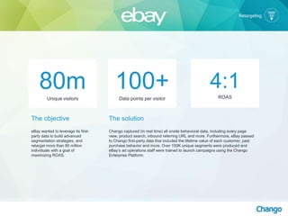 The objective
eBay wanted to leverage its first-
party data to build advanced
segmentation strategies, and
retarget more than 80 million
individuals with a goal of
maximizing ROAS.
The solution
Chango captured (in real time) all onsite behavioral data, including every page
view, product search, inbound referring URL and more. Furthermore, eBay passed
to Chango first-party data that included the lifetime value of each customer, past
purchase behavior and more. Over 150K unique segments were produced and
eBay’s ad operations staff were trained to launch campaigns using the Chango
Enterprise Platform.
80mUnique visitors
100+Data points per visitor
4:1ROAS
Retargeting
 