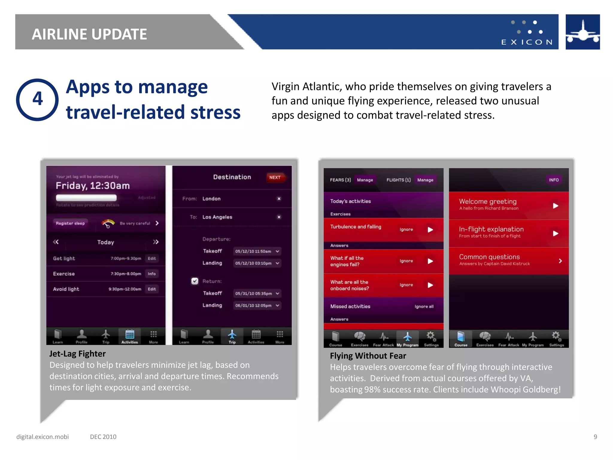 AIRLINE UPDATE


                 Apps to manage                                     Virgin Atlantic, who pride themselves on giving travelers a
     4                                                              fun and unique flying experience, released two unusual
                 travel-related stress                              apps designed to combat travel-related stress.




           Jet-Lag Fighter                                                      Flying Without Fear
           Designed to help travelers minimize jet lag, based on                Helps travelers overcome fear of flying through interactive
           destination cities, arrival and departure times. Recommends          activities. Derived from actual courses offered by VA,
           times for light exposure and exercise.                               boasting 98% success rate. Clients include Whoopi Goldberg!



digital.exicon.mobi   DEC 2010                                                                                                                9
 
