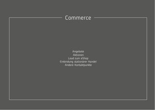Commerce
Angebote
Aktionen
Lead zum eShop
Einbindung stationärer Handel
Andere Kontaktpunkte
 