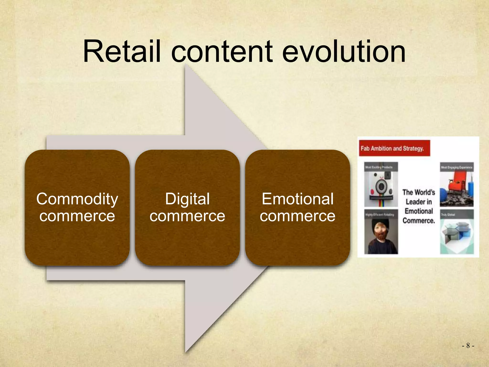 Retail content evolution
- 8 -
Commodity
commerce
Digital
commerce
Emotional
commerce
 