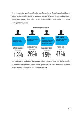 Si un consumidor que llega a la página del anunciante desde la publicidad de un
medio determinado, repite su visita un tiempo después desde un buscador y
vuelve más tarde desde una red social para realiza una compra, ¿a quién
corresponde la venta?
Ejemplo de conversión

Los modelos de atribución digitales permiten asignar a cada uno de los canales
su parte correspondiente de las ventas generadas, se trate de medios masivos,
below the line, redes sociales o branded content.

117

 