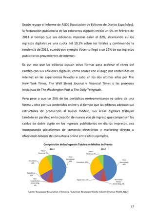 Según recoge el informe de AEDE (Asociación de Editores de Diarios Españoles),
la facturación publicitaria de las cabeceras digitales creció un 5% en febrero de
2013 al tiempo que sus ediciones impresas caían el 22%, alcanzando así los
ingresos digitales ya una cuota del 19,1% sobre los totales y continuando la
tendencia de 2012, cuando por ejemplo Vocento llegó a un 16% de sus ingresos
publicitarios provenientes de internet.
Es por eso que las editoras buscan otras formas para acelerar el ritmo del
cambio con sus ediciones digitales, como ocurre con el pago por contenidos en
internet en las experiencias llevadas a cabo en los dos últimos años por The
New York Times, The Wall Street Journal y Financial Times o las próximas
iniciativas de The Washington Post o The Daily Telegraph.
Pero pese a que un 25% de los periódicos norteamericanos ya cobra de una
forma u otra por sus contenidos online y al tiempo que las editoras adecuan sus
estructuras de producción al nuevo modelo, sus áreas digitales trabajan
también en paralelo en la creación de nuevas vías de ingreso que compensen las
caídas de doble dígito en los ingresos publicitarios en diarios impresos, sea
incorporando plataformas de comercio electrónico y marketing directo u
ofreciendo labores de consultoría online entre otros ejemplos.
Composición de los Ingresos Totales en Medios de Prensa

Fuente: Newspaper Association of America, “American Newspaper Media Industry Revenue Profile 2012”

12

 