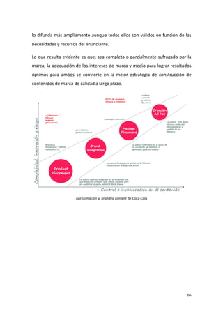 lo difunda más ampliamente aunque todos ellos son válidos en función de las
necesidades y recursos del anunciante.
Lo que resulta evidente es que, sea completa o parcialmente sufragado por la
marca, la adecuación de los intereses de marca y medio para lograr resultados
óptimos para ambos se convierte en la mejor estrategia de construcción de
contenidos de marca de calidad a largo plazo.

Aproximación al branded content de Coca-Cola

66

 