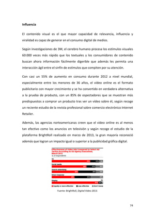 Influencia
El contenido visual es el que mayor capacidad de relevancia, influencia y
viralidad es capaz de generar en el consumo digital de medios.
Según investigaciones de 3M, el cerebro humano procesa los estímulos visuales
60.000 veces más rápido que los textuales y los consumidores de contenido
buscan ahora información fácilmente digerible que además les permita una
interacción ágil entre el sinfín de estímulos que compiten por su atención.
Con casi un 55% de aumento en consumo durante 2012 a nivel mundial,
especialmente entre los menores de 36 años, el vídeo online es el formato
publicitario con mayor crecimiento y se ha convertido en verdadera alternativa
a la prueba de producto, con un 85% de espectadores que se muestran más
predispuestos a comprar un producto tras ver un vídeo sobre él, según recoge
un reciente estudio de la revista profesional sobre comercio electrónico Internet
Retailer.
Además, las agencias norteamericanas creen que el vídeo online es al menos
tan efectivo como los anuncios en televisión y según recoge el estudio de la
plataforma BrightRoll realizado en marzo de 2013, la gran mayoría reconoció
además que logran un impacto igual o superior a la publicidad gráfica digital.

Fuente: BrightRoll, Digital Video 2013.

74

 