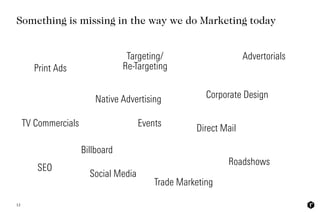 12
Print Ads
TV Commercials
Billboard
SEO
Targeting/ 
Re-Targeting
Corporate Design
Direct Mail
Events
Roadshows
Trade Mar...