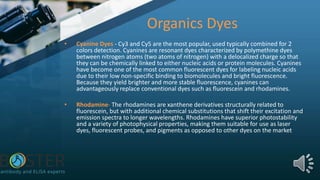 Organics Dyes
• Cyanine Dyes - Cy3 and Cy5 are the most popular, used typically combined for 2
colors detection. Cyanines are resonant dyes characterized by polymethine dyes
between nitrogen atoms (two atoms of nitrogen) with a delocalized charge so that
they can be chemically linked to either nucleic acids or protein molecules. Cyanines
have become one of the most common fluorescent dyes for labeling nucleic acids
due to their low non-specific binding to biomolecules and bright fluorescence.
Because they yield brighter and more stable fluorescence, cyanines can
advantageously replace conventional dyes such as fluorescein and rhodamines.
• Rhodamine- The rhodamines are xanthene derivatives structurally related to
fluorescein, but with additional chemical substitutions that shift their excitation and
emission spectra to longer wavelengths. Rhodamines have superior photostability
and a variety of photophysical properties, making them suitable for use as laser
dyes, fluorescent probes, and pigments as opposed to other dyes on the market
 