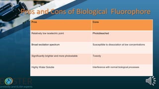 Pros and Cons of Biological Fluorophore
Pros Cons
Relatively low isoelectric point Photobleached
Broad excitation spectrum Susceptible to dissociation at low concentrations
Significantly brighter and more photostable Toxicity
Highly Water Soluble Interference with normal biological processes
 