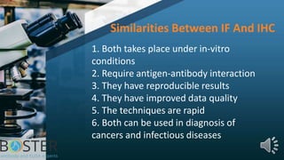 Similarities Between IF And IHC
1. Both takes place under in-vitro
conditions
2. Require antigen-antibody interaction
3. They have reproducible results
4. They have improved data quality
5. The techniques are rapid
6. Both can be used in diagnosis of
cancers and infectious diseases
 