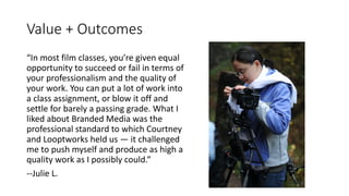 Process
Peer	and	Self-Evaluation
Name:	_____________________________________________________	
	
BRANDED	MEDIA	PEER	AND	SELF-EVALUATION	
	
Please	note	that	peer	evaluations	will	not	be	shared	directly	with	the	person	being	evaluated	
except	in	the	form	of	a	numerical	average	of	their	combined	scores	from	the	rubrics	section.		
	
Feedback	provided	in	the	written	section	will	not	be	directly	communicated	to	the	person	being	
evaluated,	but	will	play	into	that	person’s	overall	peer	evaluation	score.	
	
I.		PEER	EVALUATION—RUBRICS	SECTION	
Please	enter	the	name	of	each	crew	person	in	your	group	and	select	a	point	value	for	each	
evaluation	category	with	5	being	“Excellent”	and	1	being	“Poor”.		
	
	
Crew	Member	#1:	_______________________________________________	
	
Category	 Excellent->->->->->->->->Poor	
1. Development/Pre-Production	Performance	
2. Production	Performance	
3. Post-Production	Performance	
4. Attitude	
5. Reliability,	Dedication	and	Consistency	
6. Execution	of	assigned	duties		
7. Ability	to	handle	stressors	and	obstacles	
8. Professionalism		
5								4								3								2								1							
5								4								3								2								1							
5								4								3								2								1							
5								4								3								2								1							
5								4								3								2								1							
5								4								3								2								1							
5								4								3								2								1							
5								4								3								2								1							
	
Total	Points:	_______	
	
	
Crew	Member	#2:	_______________________________________________	
	
Category	 Excellent->->->->->->->->Poor	
1. Development/Pre-Production	Performance	
2. Production	Performance	
3. Post-Production	Performance	
4. Attitude	
5. Reliability,	Dedication	and	Consistency	
6. Execution	of	assigned	duties		
7. Ability	to	handle	stressors	and	obstacles	
8. Professionalism		
5								4								3								2								1							
5								4								3								2								1							
5								4								3								2								1							
5								4								3								2								1							
5								4								3								2								1							
5								4								3								2								1							
5								4								3								2								1							
5								4								3								2								1							
	
Total	Points:	_______	
	
	
	
II.		PEER	EVALUATION—WRITTEN	SECTION	
Please	enter	the	name	of	each	person	in	your	group	and	briefly	provide	written	feedback	about	
that	crew	member’s	performance.	
	
	
Crew	Member	#1:	_______________________________________________	
	
	
	
	
	
	
	
	
	
	
Crew	Member	#2:	_______________________________________________	
	
	
	
	
	
	
	
	
	
	
Crew	Member	#3:	_______________________________________________	
	
	
	
	
	
	
	
	
	
	
Crew	Member	#4:	_______________________________________________	
	
	
	
	
	
	
	
	
	
III.		SELF-EVALUATION—RUBRICS	SECTION	
Please	select	a	point	value	for	each	evaluation	category	with	5	being	“Excellent”	and	1	being	
“Poor”.		Attempt	to	be	as	objective	as	you	can	without	overstating	or	understating	your	own	
performance.	
	
Category	 Excellent->->->->->->->->Poor	
1. Development/Pre-Production	Performance	
2. Production	Performance	
3. Post-Production	Performance	
4. Attitude	
5. Reliability,	Dedication	and	Consistency	
6. Execution	of	assigned	duties		
7. Ability	to	handle	stressors	and	obstacles	
8. Professionalism		
5								4								3								2								1							
5								4								3								2								1							
5								4								3								2								1							
5								4								3								2								1							
5								4								3								2								1							
5								4								3								2								1							
5								4								3								2								1							
5								4								3								2								1							
	
Total	Points:	_______	
	
	
IV.		SELF-EVALUATION—WRITTEN	SECTION	
Please	provide	detailed	responses	to	the	prompts.			
	
A. Complete	the	following	statements	about	your	contributions	to	and	performance	during	
the	process	of	making	your	group’s	project:	
	
My	most	significant	contribution	to	the	project	was…	
	
	
	
	
	
	
	
	
	
	
Other	areas	where	I	made	a	positive	contribution	or	performed	well	were…	
	
	
	
	
	
	
	
	
	
An	area	where	I	feel	I	could	have	performed	better	was…	
	
	
	
	
	
	
	
	
	
If	I	could	do	something	differently,	I	would	have…	
	
	
	
	
	
	
	
	
	
When	I	think	about	what	my	group	members	would	say	about	me	based	on	our	
experience	working	together	on	this	project,	I’m	guessing	they	would	say…	
	
	
	
	
	
	
	
	
	
	
	
B. Characterize	your	level	of	dedication	to	and	investment	in	this	project,	your	group	and	
its	efforts.		Provide	examples	to	support	your	assessment.	
	
	
	
	
	
C. In	terms	of	your	assigned	crew	position(s),	where	did	you	excel	and	where	did	you	fall	
short?	
	
	
	
	
	
	
	
D. How	would	you	characterize	your	interpersonal	communications	skills	during	the	
making	of	the	project?		(Consider	how	you	handled	communications	with	your	
teammates	during	the	most	stressful	moments	of	the	process.)	
	
	
	
	
	
	
	
	
E. Anything	else	you	would	like	to	add?	
	
	
	
	
	
	
	
	
	
F. What	overall	grade	would	you	give	yourself?		Don’t	be	falsely	modest,	but	don’t	
overstate	your	performance,	either.		Circle	one:	
	
A+	
A	
A-	
B+	
B	
B-	
C+	
C	
C-	
D+	
D	
D-	
F	
V.		WRAP-UP	
Please	complete	the	following	statement.	
	
This	project	made	me	realize…	
	
	
	
	
	
	
	
	
and…	
	
	
	
	
	
	
	
	
What	I	learned	from	this	project	was…	
	
	
	
	
	
	
	
	
and…	
	
 