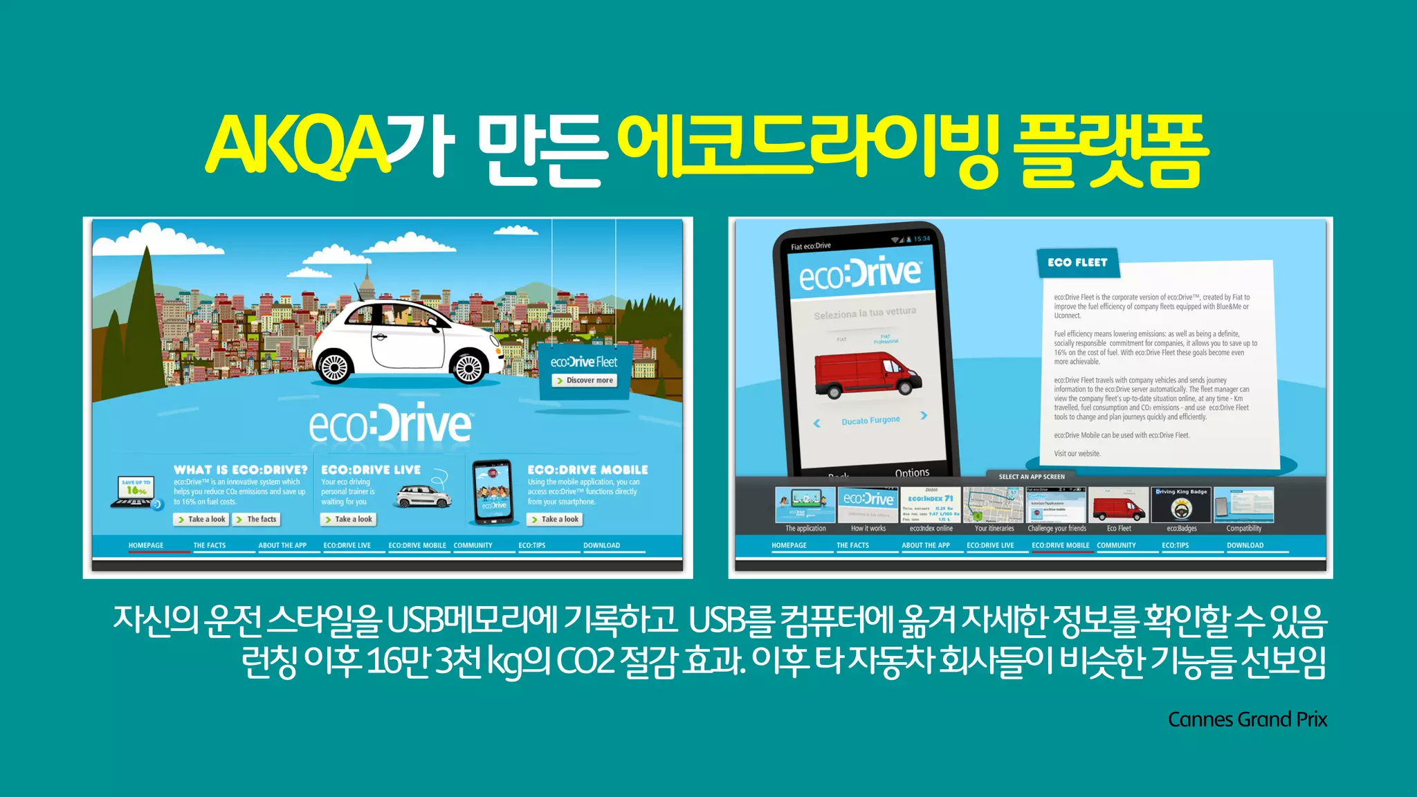AKQA가 만든 에코드라이빙 플랫폼




자신의 운전 스타일을 USB메모리에 기록하고 USB를 컴퓨터에 옮겨 자세한 정보를 확인할 수 있음
     런칭 이후 16만 3천 kg의 CO2 절감 효과. 이후 타 자동차 회사들이 비슷한 기능들 선보임
                                                  Cannes Grand Prix
 