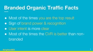 #brightonSEO
Branded Organic Traffic Facts
● Most of the times you are the top result
● Sign of brand power & recognition
...