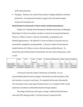 recall among consumers.

       •   Packaging – Packing is the container that a product is shipped, displayed, sold and/or

           purchased in. It can represent the brand’s category while also enable transport,

           storage and consumption ease.

       Brand Element in EmmetLabs (Critical Analysis and Recommendations):

                 Chapter 4 of, “Strategic Brand Management; Building, Measuring, and Managing

       Brand Equity” by Kevin Lane Keller, introduces 6 criteria for choosing brand elements.

       There are 3 offensive criteria’s, which are memorability, meaningfulness and

       likability/appropriateness. The additional 3 criteria are defensive in position; they are

       transferability, adaptability, and protectability. A business’s cohesive brand elements

       should illuminate all 3 offensive criteria, while also being carefully defensive. To

       analyze the current brand elements of EmmetLabs, and critic criteria achievement, a chart

       is used:

                  Name       URL        Logo/    Tagline    Character   Spokesperson   Slogan   Jingle   Packaging

                                        Symbol
Memorability      No         No         No       No         N/A         No             N/A      N/A      No
Meaningfulness    Somewhat   Somewhat   No       Somewhat   N/A         No             N/A      N/A      Somewhat
Likeability       Somewhat   Somewhat   No       No         N/A         No             N/A      N/A      Somewhat



                 At this point in time the website’s brand name is EmmetLab. It is my

       recommendation that this name be changed. EmmetLabs is not fully descriptive of the

       sites functions, or an easy to recall name. It is important that the name illuminate the

       site’s description in this young stage of brand awareness so its competitive POP is easily

       understood, remembered, and hopefully liked by the target audience.

                 The change in brand name will require a change to additional brand elements,

       such as the URL and logo/symbol. It will be necessary to change the URL,
 