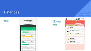 Finances
Smarty
Pig
Mint
Apps
encouraging a
positive change
 