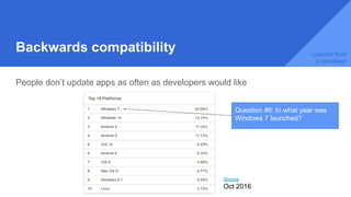Backwards compatibility
People don’t update apps as often as developers would like
Source
Oct 2016
Lessons from
a developer
Question #6: In what year was
Windows 7 launched?
 