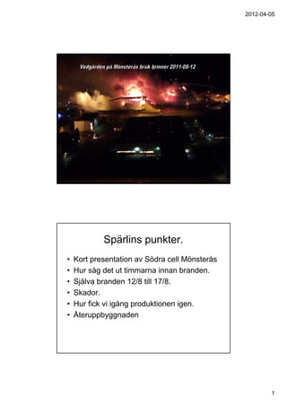 2012-04-05




            Spärlins punkter.
•   Kort presentation av Södra cell Mönsterås
•   Hur såg det ut timmarna innan branden.
•   Själva branden 12/8 till 17/8.
•   Skador.
•   Hur fick vi igång produktionen igen.
•   Återuppbyggnaden




                                                        1
 