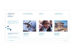 regional
values

competitive

open

surprising

Image provided by the Alsop Consortium

The England’s Northwest mark provides
a geographic locator, as well as a
representation of the values that underpin
the region as a vibrant and contemporary
place to live and work.

regional brand essence
revolution

England’s Northwest is
ambitious, energetic and
welcomes a challenge.
We are confident in our
abilities, proud of our
world-class success and
we are a winning region.

England’s Northwest is
welcoming and inclusive.
We are flexible and
quick to learn, honest and
open-minded, a warm and
friendly region.

England's Northwest is
a unique and diverse
region with a creative
flair. We have vibrant
culture, inspiring landscapes
and a passion for innovation.

To recognise and celebrate the
revolutionary spirit of England’s Northwest.

02

brand guidelines

03

 