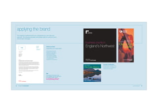 applying the brand
The England’s Northwest brand can complement your own style and
approach. The following examples demonstrate ideas for using the brand
and its brand messages.

business counts in
Logo

Company Name
Address line 1
Address line 2
Address line 3
Postcode
Telephone: 0000 000000
Fax: 0000 000000
www.company.co.uk

Our Ref 000 000
11 March 03
Company Name
Address line 1
Address line 2
Address line 3
Postcode

Dear Sir

Stationery example

England’s Northwest

Supporting your organisation

The United Utilities
North West Orchestras Tour

Classics in
Parallel

This example shows how
the brand can be used to
identify your organisation’s
activity with the region.
By respecting the integrity
of the brand and adhering
to the ‘clear zone’ principles,
you will build brand
recognition and consistency.

RE: Mole duis autem vel eum iriure dolor in hendrerit
In vulputate velit esse molestie consequat, vel illum dolore eu feugiat nullailisis at vero
eros et accumsan et iusto odio dignissim qui blandit praesent luptatum zzril delenit augue
duis dolore te feugait nulla facilisi. Nam liber tempor cum soluta nobis eleifend option
congue nihil imperdiet doming id quod mazim placerat facer possim assum. Lorem ipsum
dolor sit amet, consectetuer adipiscing elit, sed diam nonummy nibh euismod tincidunt ut
laoreet dolore magna aliquam erat volutpat.

Take a break in

The Lake District

Ut wisi enim ad minim veniam, quis nostrud exerci tation ullamcorper suscipit lobortis
nisl ut aliquip ex ea commodo consequat. Duis autem vel eum iriure dolor in hendrerit in
vulputate velit esse molestie consequat, vel illum dolore eu feugiat nulla facilisis at vero
eros et accumsan et iusto odio dignissim qui blandit praesent luptatum zzril delenit
augue duis dolore te feugait nulla facilisi.

Examples of publications
Using the brand can add a sense
of brand promise and pride to your
communications, and collectively
benefits the whole region.

Lorem ipsum dolor sit amet, consectetuer adipiscing elit, sed diam nonummy nibh eu
ismod tincidunt ut laoreet dolore magna aliquam erat volutpat.
Yours sincerely

Mr Smith
Chief Executive

14

The England’s Northwest mark
and messages must be reproduced
from digital master artwork.
Do not attempt to create your
own brand/message versions.

brand guidelines

15

 