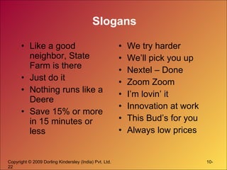 Slogans Like a good neighbor, State Farm is there Just do it Nothing runs like a Deere Save 15% or more in 15 minutes or less We try harder We’ll pick you up Nextel – Done Zoom Zoom I’m lovin’ it Innovation at work This Bud’s for you Always low prices 