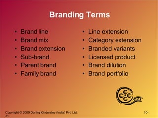 Branding Terms Brand line Brand mix Brand extension Sub-brand Parent brand Family brand Line extension Category extension Branded variants Licensed product Brand dilution Brand portfolio 