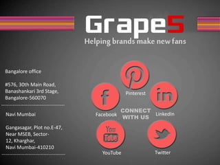 CONNECT
WITH US
Pinterest
Facebook
TwitterYouTube
LinkedIn
Bangalore office
#576, 30th Main Road,
Banashankari 3rd Stage,
Bangalore-560070
Navi Mumbai
Gangasagar, Plot no.E-47,
Near MSEB, Sector-
12, Kharghar,
Navi Mumbai-410210
……………………………….............
 