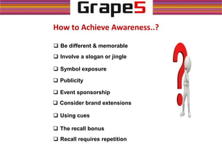 How to Achieve Awareness..?
 Be different & memorable
 Involve a slogan or jingle
 Symbol exposure
 Publicity
 Event sponsorship
 Consider brand extensions
 Using cues
 Recall requires repetition
 The recall bonus
 