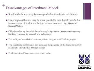 India’s premier M-school 
+ 
Disadvantages of Interbrand Model 
 Small niche brands may be more profitable than leadership brands 
 Local regional brands may be more profitable than Local Brands due 
to economies of scales and better consumer connect. Eg: Maruti v/s 
General Motors 
 Older brands may lose their brand strength. Eg: Kodak ,Nokia and Blackberry 
lost their relevance in terms of new technology. 
 The ability of a market to create or protect margins is difficult to project 
 The Interbrand system does not consider the potential of the brand to support 
extensions into another product classes 
 Trademark it self does not create brand value 
 