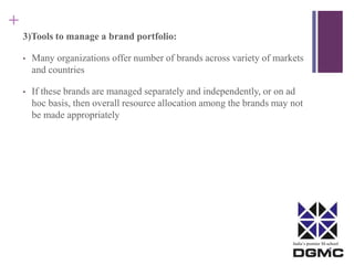 India’s premier M-school 
+ 
3)Tools to manage a brand portfolio: 
• Many organizations offer number of brands across variety of markets 
and countries 
• If these brands are managed separately and independently, or on ad 
hoc basis, then overall resource allocation among the brands may not 
be made appropriately 
 