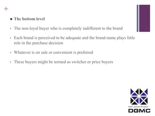 India’s premier M-school 
+ 
 The bottom level 
• The non-loyal buyer who is completely indifferent to the brand 
• Each brand is perceived to be adequate and the brand name plays little 
role in the purchase decision 
• Whatever is on sale or convenient is preferred 
• These buyers might be termed as switcher or price buyers 
 